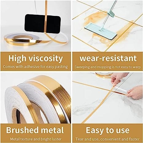 Metallic Floor Sealing Sticker, Tile Tape Sticker, Self Adhesive Sealing Foil Strips, Background Wall Home Decoration Caulk Tape,  Waterproof Seam Wall Stickers, Decoration Tape For Home Floor Tiles, Wall Decor, Gold Foil Self Adhesive Tile Stickers Tape