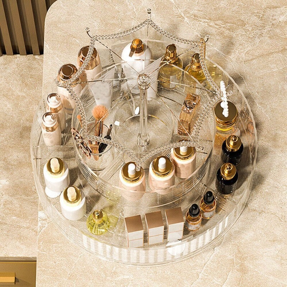 Umbrella Makeup Organizer, Transparent 360 Rotating Cosmetic Storage Box, Large Cosmetic Display Case for Vanity, Spinning Cosmetic Storage Holder Rack, Double Layered Beauty Storage Rack, 2 Level Multipurpose Cosmetic Jewellery Case