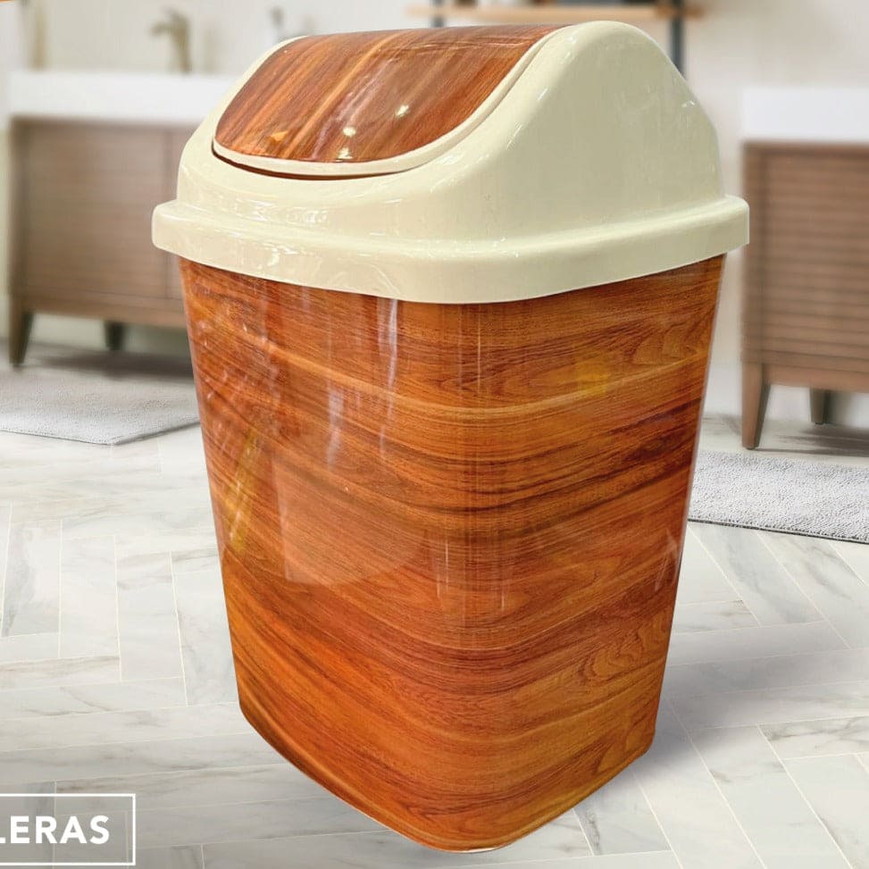 Wooden Pattern Trash Bin, Office Bathroom Kitchen Flip Trash Bin, Plastic Living Room Bedroom Garbage Box