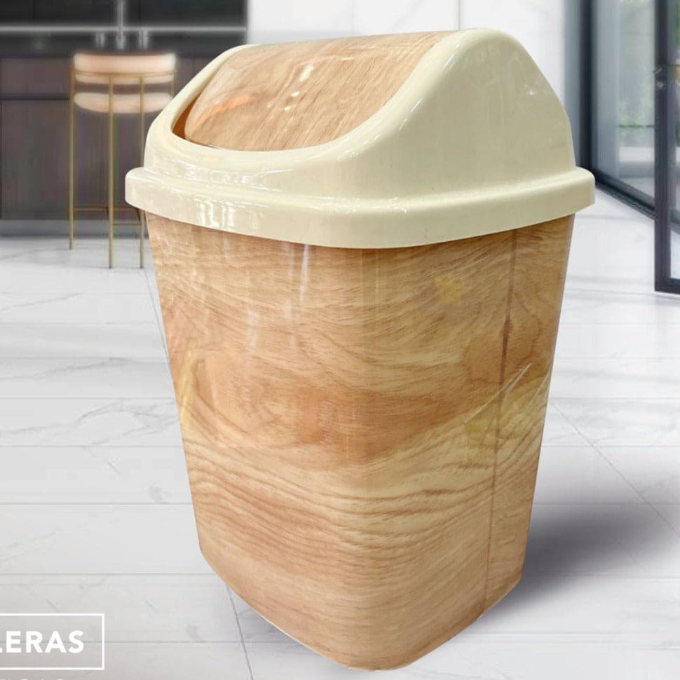 Wooden Pattern Trash Bin, Office Bathroom Kitchen Flip Trash Bin, Plastic Living Room Bedroom Garbage Box