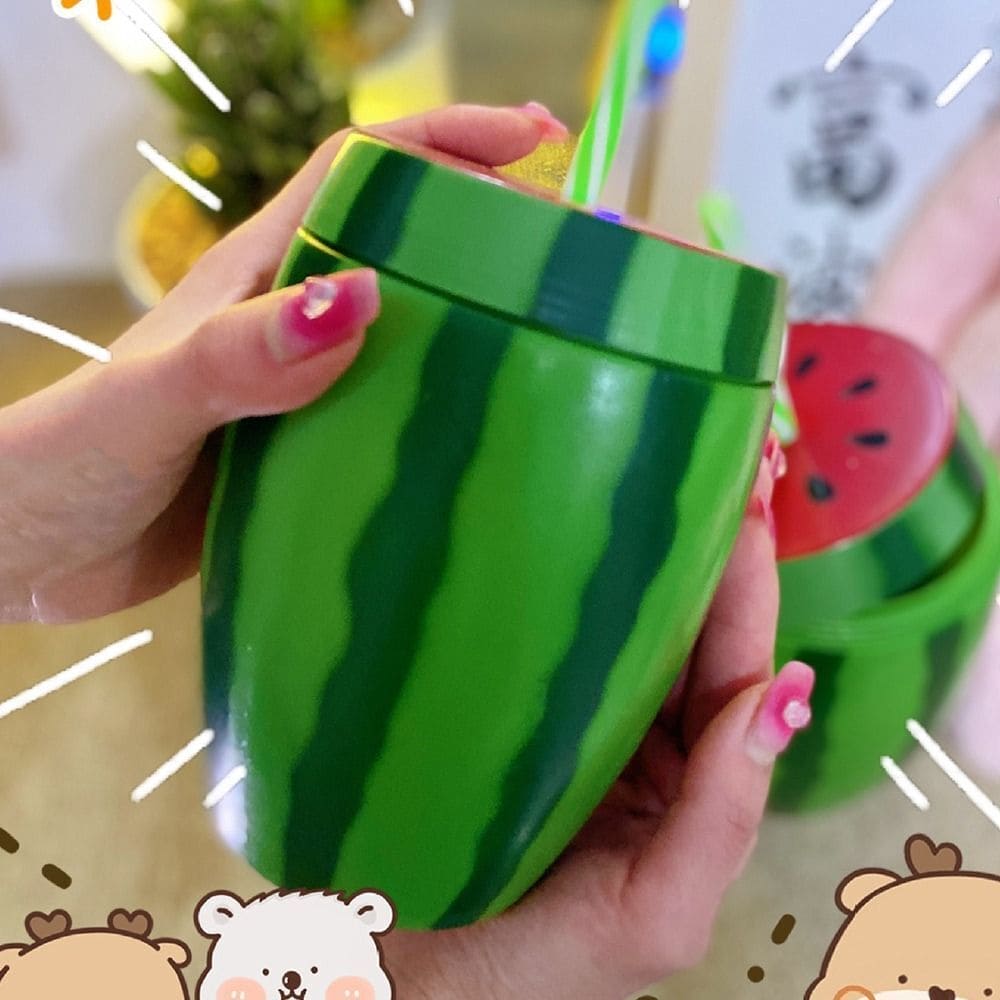 Watermelon Water Bottle, Plastic Summer Straw Cup, Fruity Juice Sippy Cup, Portable Reusable Drinking Cup, Food Grade Plastic Cartoon Fruit Drinkware