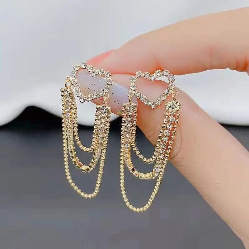 Crystal Drop Heart Earring, Multilayer Tassel Zircon Chain Earrings For Women, Trendy Heart-shaped Rhinestone Earrings Party Jewelry, Long Hanging Earrings, Elegant Crystal Tassel Earring