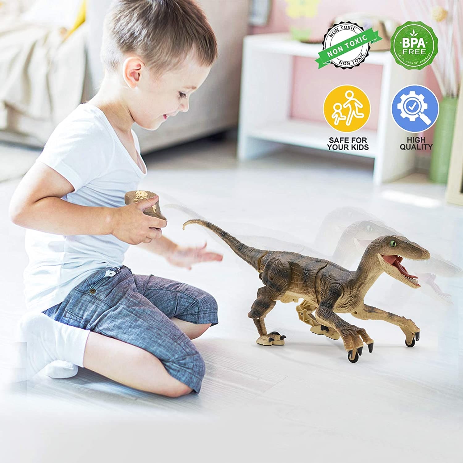 Dinosaur RC Velociraptor Intelligent Remote Control Toy, Walking Robot Dinosaur With LED Light, Velociraptor RC Dinosaur Toys for Kids, Realistic Rechargeable Walking Velociraptor