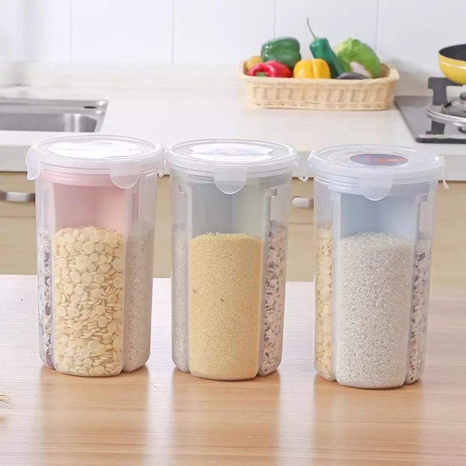 3 Compartment Food Preservation Plastic Container, Large Dry Fruit Box, Air Tight Cereal Jar