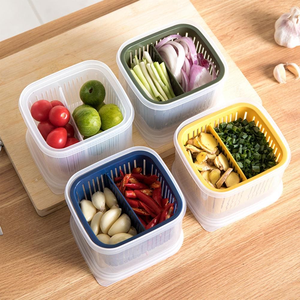 Ginger Garlic Storage Container For Refrigerator with Lid, 3-in-1 Multifunctional Draining Crisper with Strainers, Vegetables and fruits Storage Containers with Vents