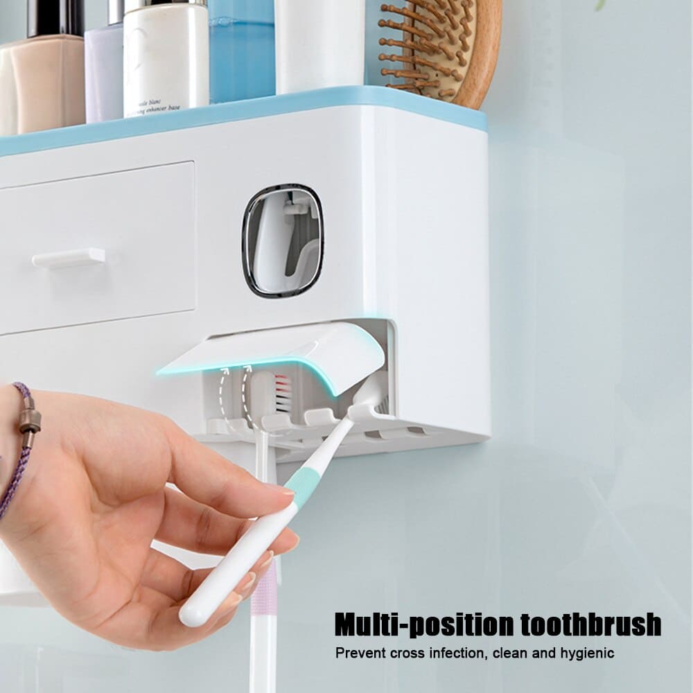 Automatic Toothpaste Dispenser With Drawer Toothbrush Holder, Self-Adhesive Bathroom Storage Shelf Rack, Cosmetic Organizer, 4 Glass Toothpaste Dispenser
