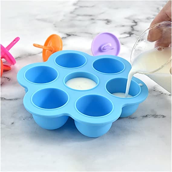 Silicone 7 Grids Fruit Shake Ice Cream Maker Mold, Silicon Popsicle Mold Tray, Portable Ice Cream Container, Fruit Shake Cream Ball Lolly Maker, Multi-Purpose Popsicle Mold, Baby Food Mold Popsicle Stick