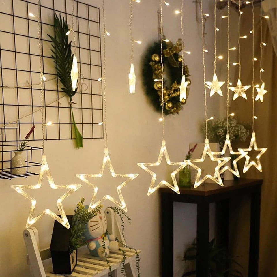 Star Curtain String Lights, Window Curtain Lights with 8 Flashing Modes Decoration for Christmas, Wedding, Party, Home Decorations (Warm White)