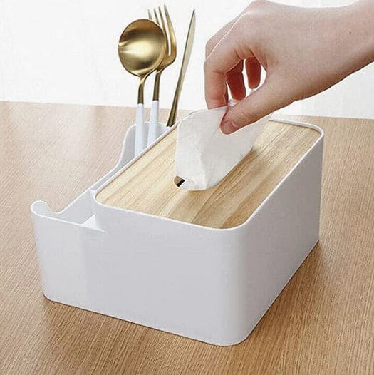 Tissue Organizer, Remote Control Holder, Napkin Paper Container Desktop Organizer, Multifunctional Partition Wooden Tissue Organizer, Tissue Storage Box