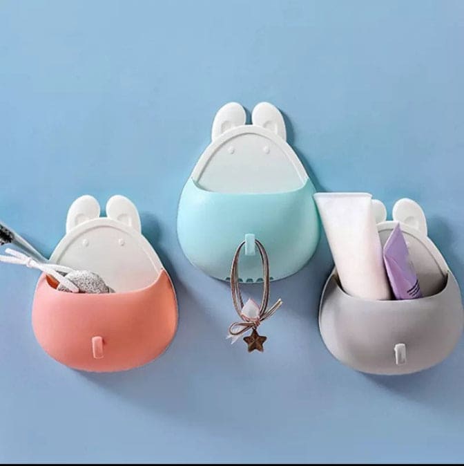 Rabbit Shape Wall Mounted Storage Box, Bathroom Toothbrush Toothpaste Holder, Self Adhesive Drain Rack With Hook