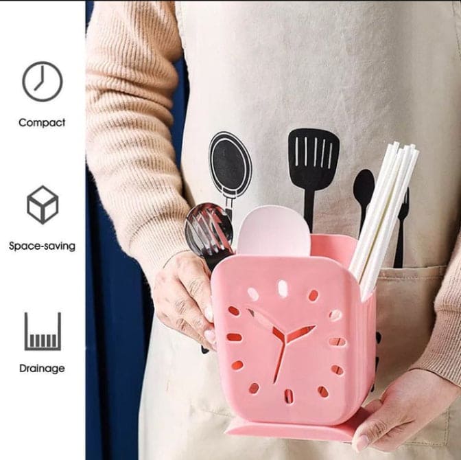 Clock Plastic Cutlery Holder, Storage Rack For Chopstick Fork Spoon Spatula, Countertop Organizer, Kitchen Gadgets With Drain Design, Plastic Knife Holder