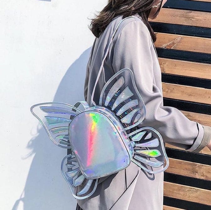 Rainbow Butterfly Angel Wings PU Leather Backpack, Ladies Laser Holographic Backpack, Casual Rucksack Women Travel Backpack