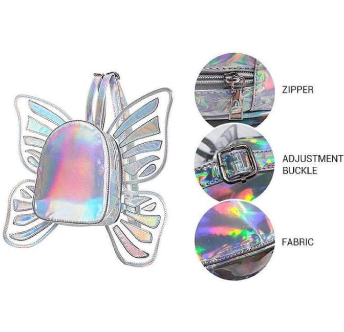 Rainbow Butterfly Angel Wings PU Leather Backpack, Ladies Laser Holographic Backpack, Casual Rucksack Women Travel Backpack