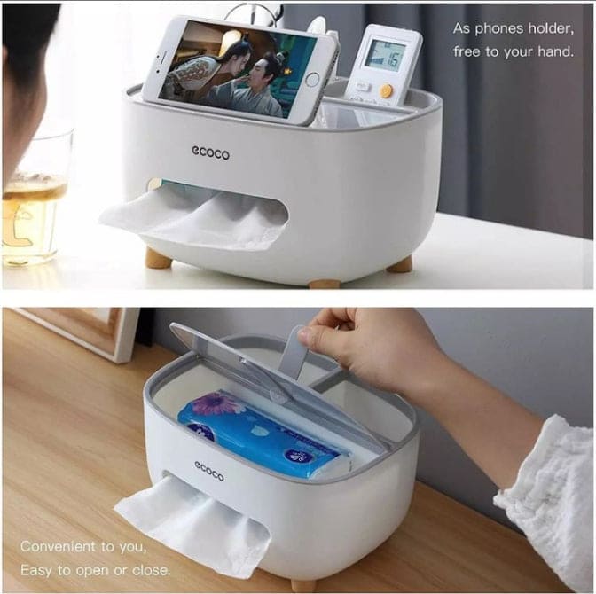 Tissue Box Holder With Wooden Cover, Multifunction Tissue Box ABS Material Storage Organizer, Desktop Tissue Box With Hidden Mobile Phone Holder, Remote Holder And Tissue Box Cover