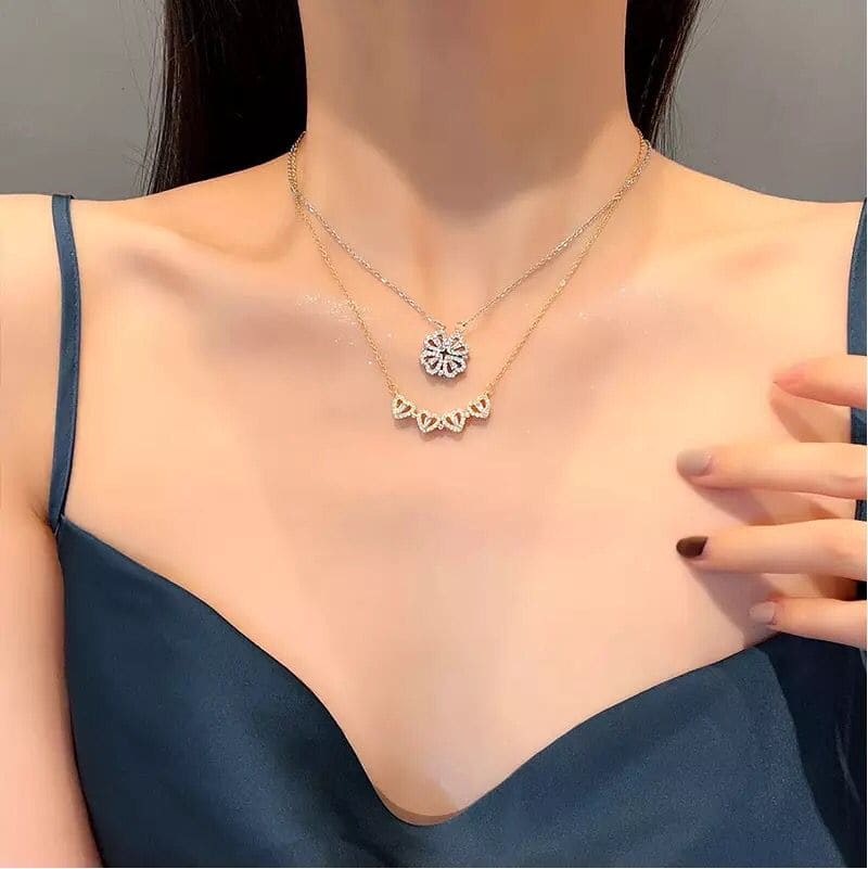 Golden Creative Four-Leaf Magnetic Folding Heart-Shaped Clover Necklace, Dainty Heart Necklace for Women, Zirconia Four Leaf Clover Pendant