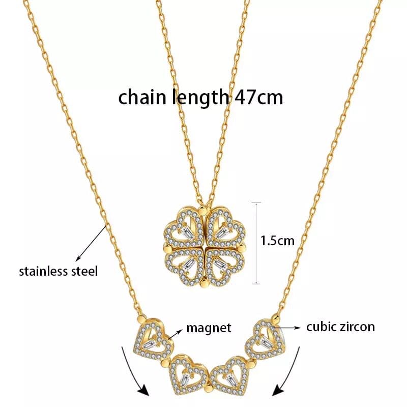 Golden Creative Four-Leaf Magnetic Folding Heart-Shaped Clover Necklace, Dainty Heart Necklace for Women, Zirconia Four Leaf Clover Pendant