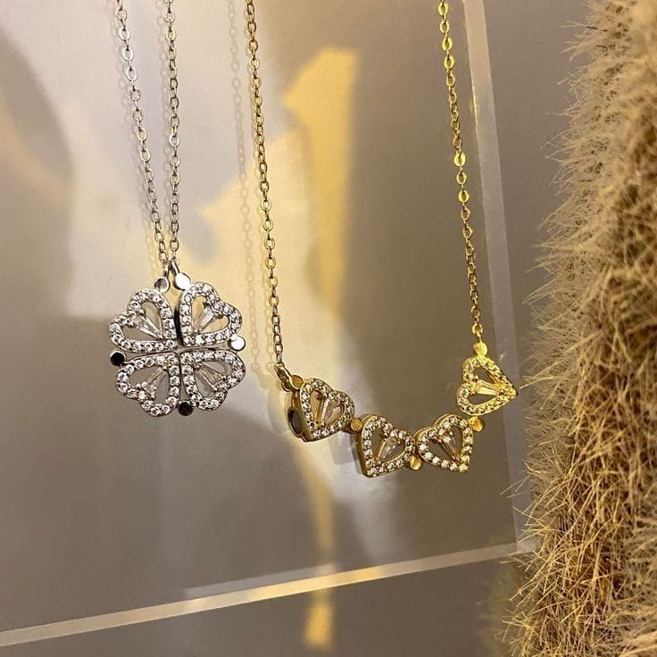 Golden Four Leaf Magnetic Folding Heart Clover Necklace, Dainty Heart Necklace for Women, Zirconia Four Leaf Clover Pendant