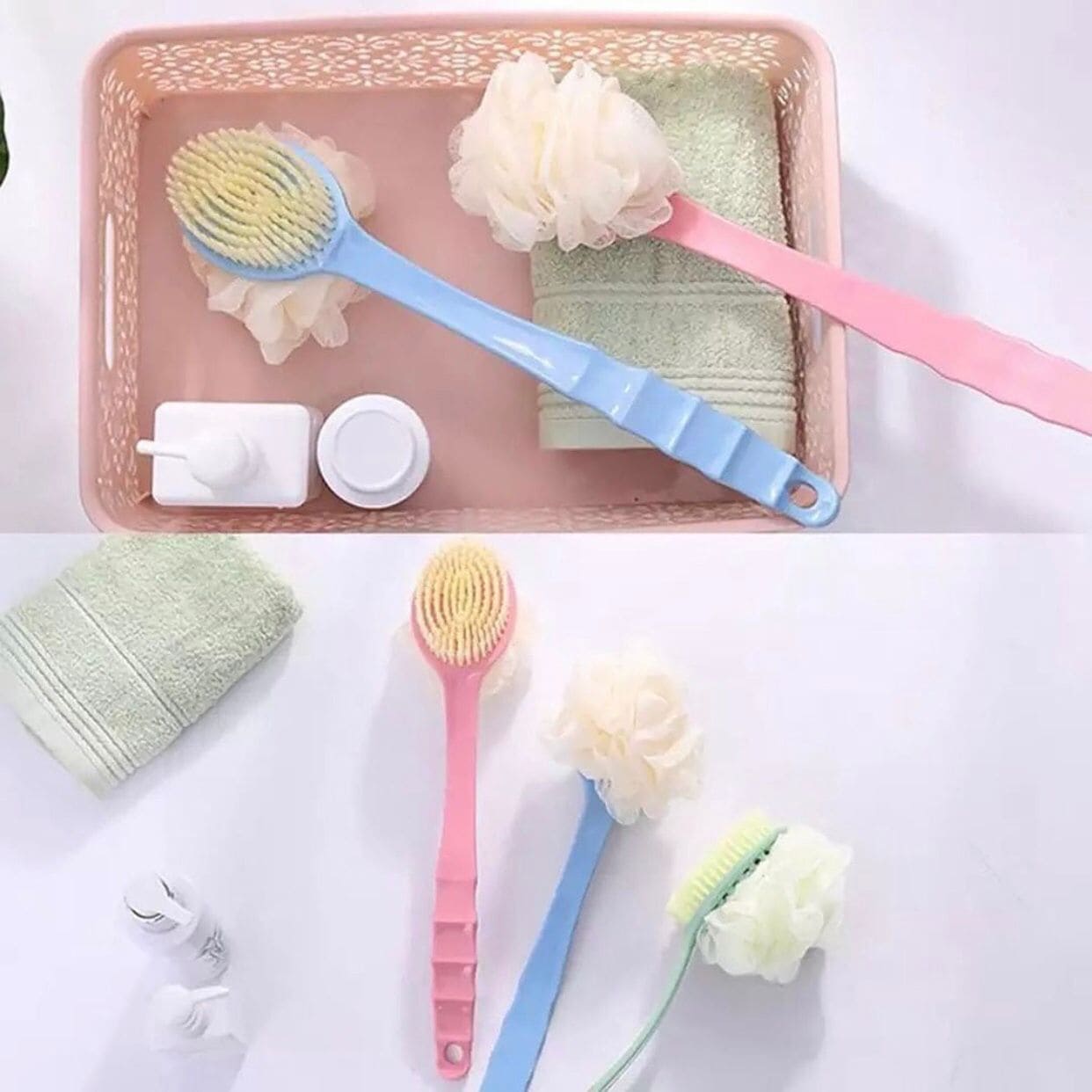 2 In 1 Bathing Scrubbing Long Handle Brush, Shower Body Brush with Bristles and Loofah, Back Scrubber Bath Mesh Sponge with Curved Long Handle, Back Scrubber Body Brush