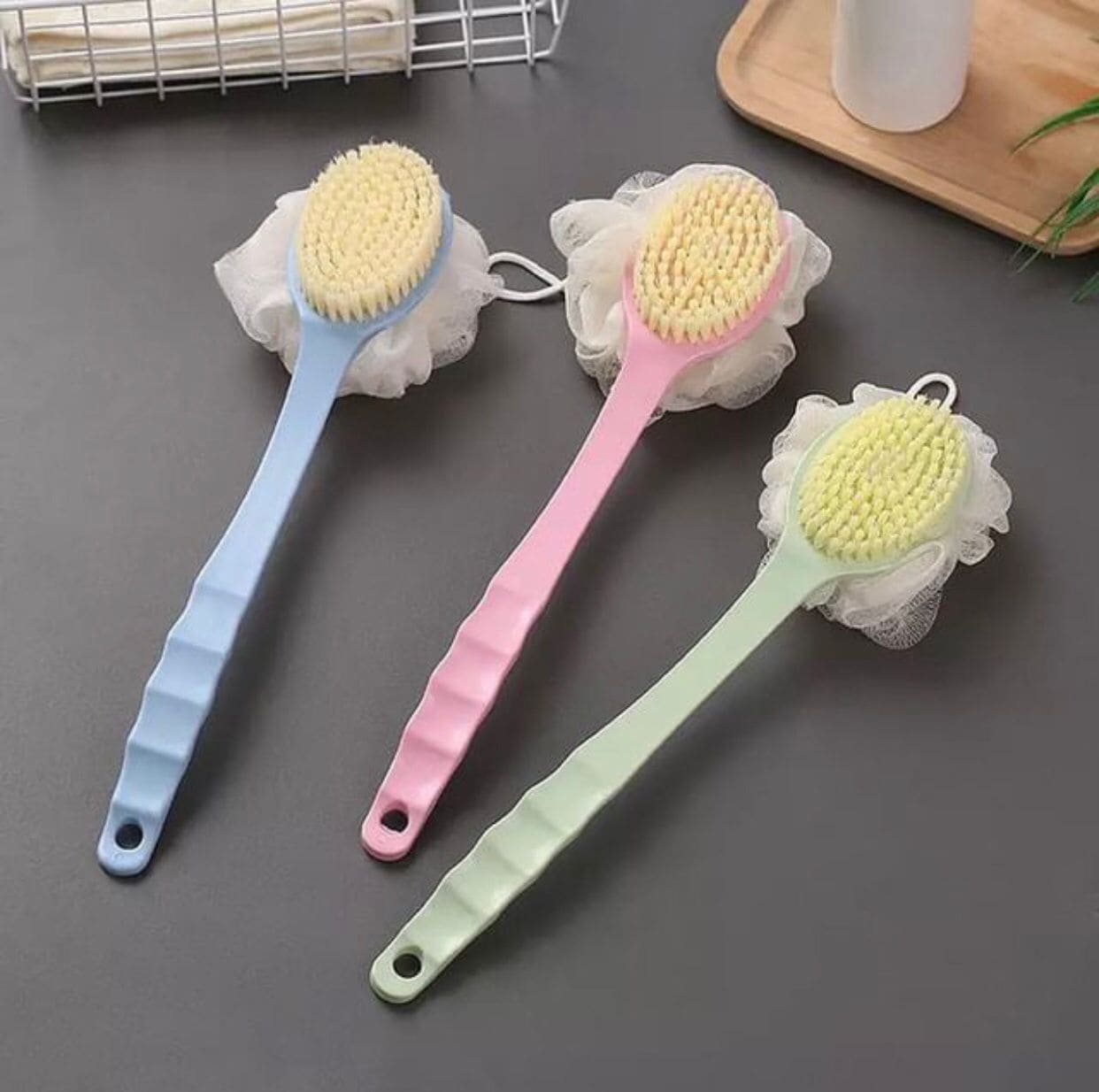2 In 1 Bathing Scrubbing Long Handle Brush, Shower Body Brush with Bristles and Loofah, Back Scrubber Bath Mesh Sponge with Curved Long Handle, Back Scrubber Body Brush