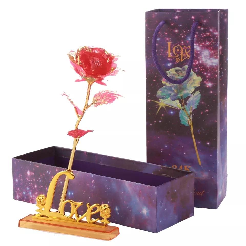 24K Almunium Foil Plated Gold Rose, Glided Gold Crystal Artificial Rose, Plastic Colorful Rose With Love Shape Base for Valentine's Day