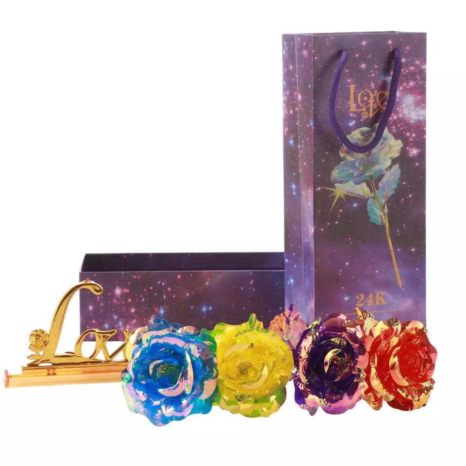 24K Almunium Foil Plated Gold Rose, Glided Gold Crystal Artificial Rose, Plastic Colorful Rose With Love Shape Base for Valentine's Day