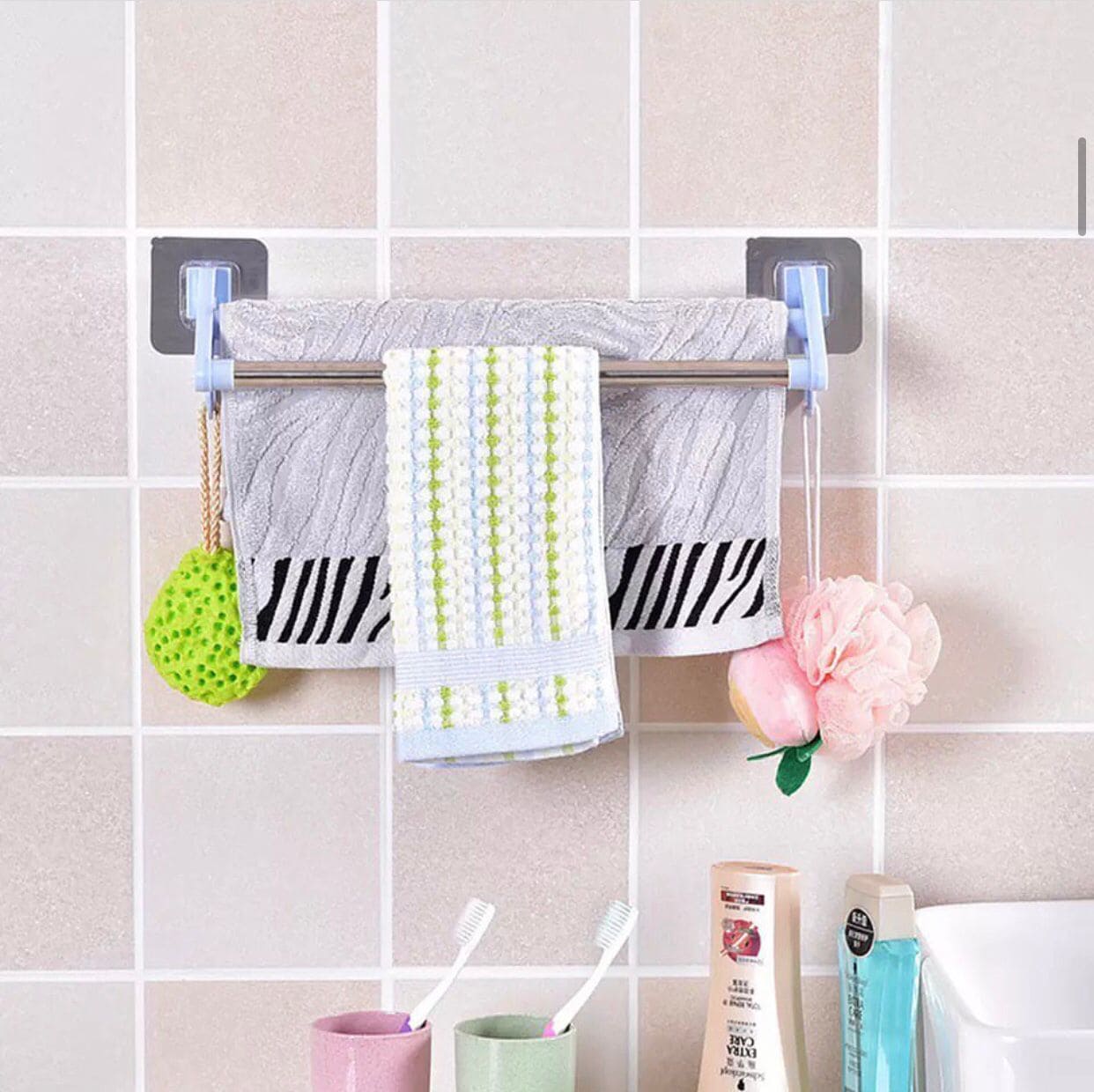 Stainless Steel Wall Mounted Double Shelf Bathroom Towel Rack, Self Adhesive Bath Wall Shelf with 2 Hooks, Wall Mounted Non Perforated Kitchen Utensils Rack