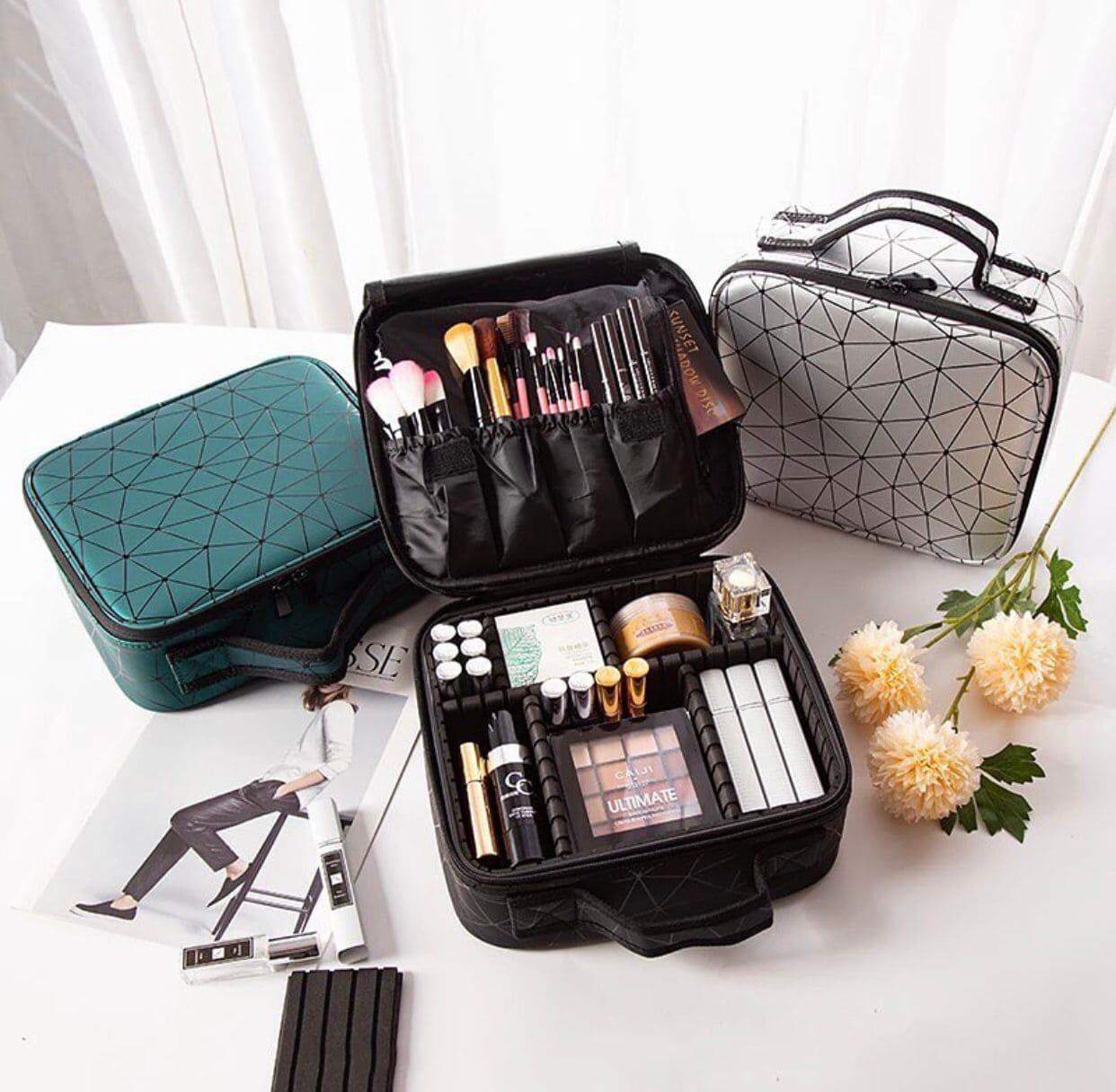 Diamond PU Travel Cosmetic Bag, Portable Cosmetic Bag With Adjustable Dividers, Makeup Brush Organizer, Makeup Suitcase For Women