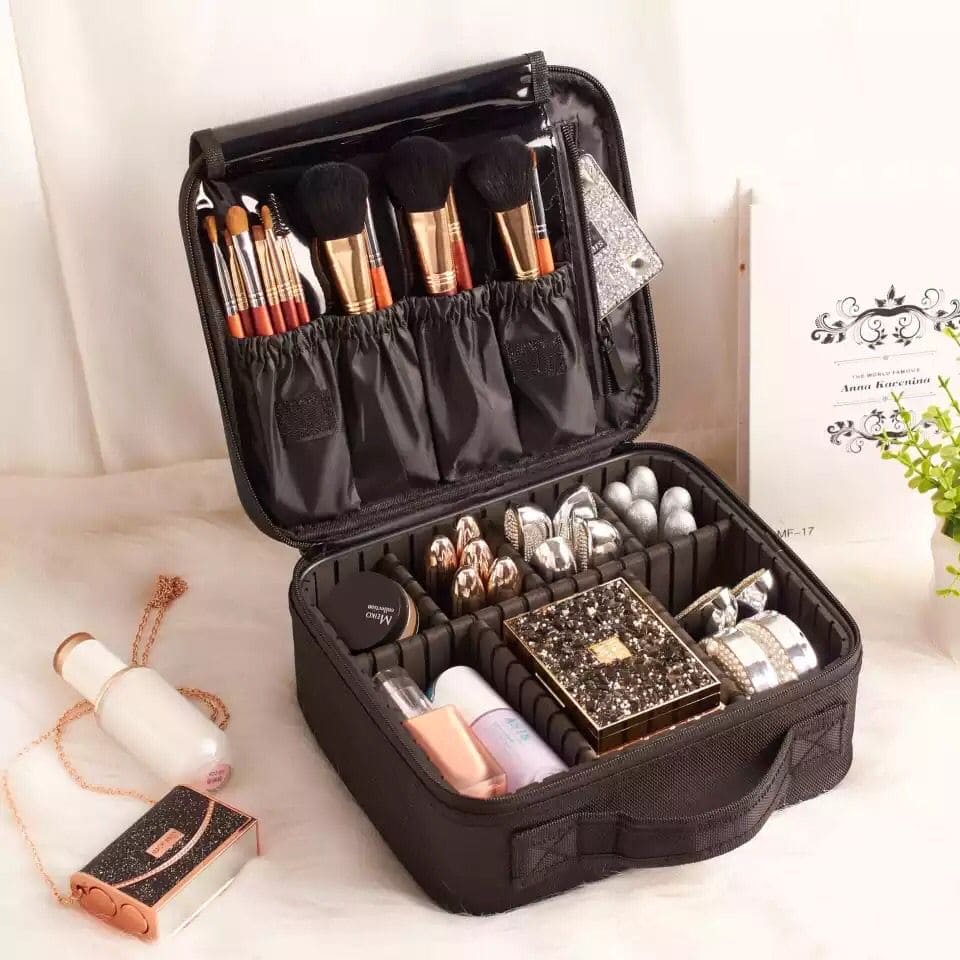 Diamond PU Travel Cosmetic Bag, Portable Cosmetic Bag With Adjustable Dividers, Makeup Brush Organizer, Makeup Suitcase For Women