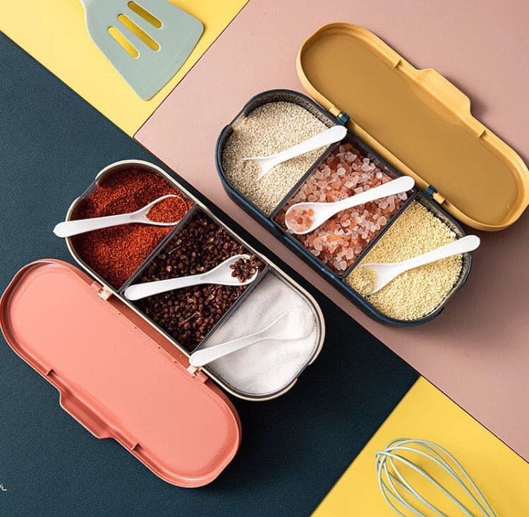Nordic Style Seasoning Organizer, 3 Compartment Spice Box, Plastic Spice Container With Spoon
