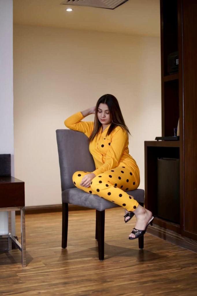Button Style Dotted Full Sleeves Night Suit For Women