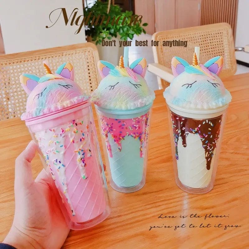 Unicorn Popsicle Cup, Double-layer Plastic Straw Mug, Lovely High Appearance Water Cup With Cover, Unicorn Sippy Coffee Cup, Portable Popsicle Cup