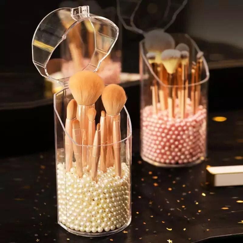 Acrylic Makeup Brush Holder With Pearls, Cosmetic Brush Case With Dustproof Lid, Countertop Brushes Holder, Pearl Organizer