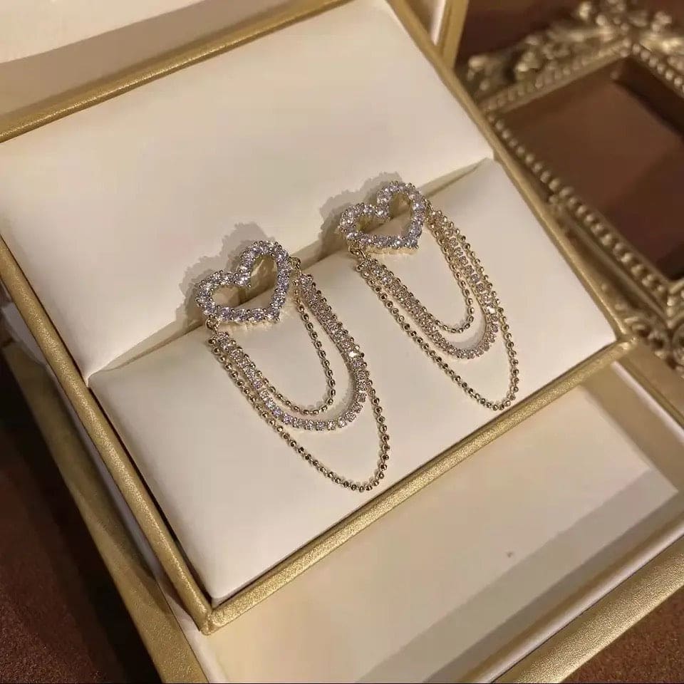 Crystal Drop Heart Earring, Multilayer Tassel Zircon Chain Earrings For Women, Trendy Heart-shaped Rhinestone Earrings Party Jewelry, Long Hanging Earrings, Elegant Crystal Tassel Earring