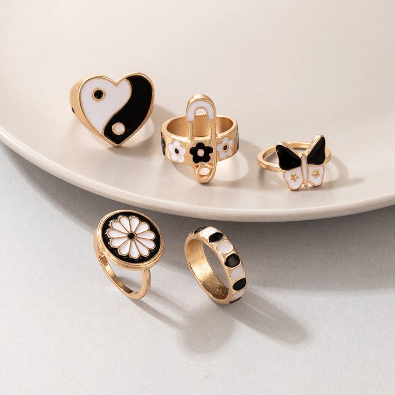 Set Of 5 Heart Ring Set, Women Finger Jewelry, Geometric Rings Sets, Vintage Knuckle Rings Set, Stackable Finger Rings, Midi Rings For Women Fashion Metal Heart Rings