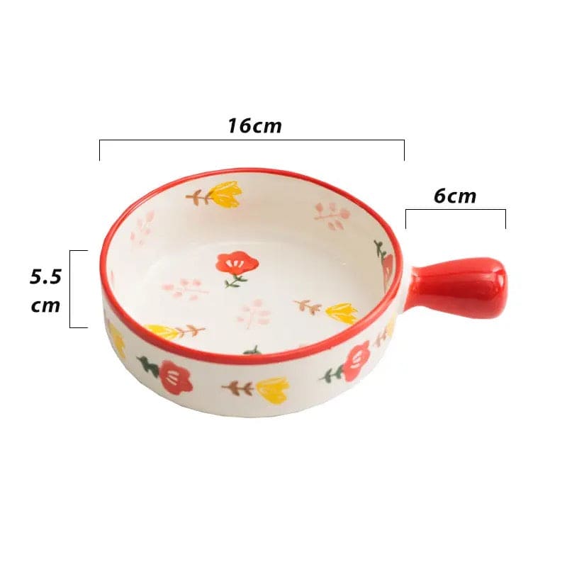 Ceramic Glaze Baking Bowl With Handle, 650ML Food Container, Nordic Net Red Ceramic Bowl With Hand Grip, Barbecue Cheese Baked Rice Baking Pan, Round Bakeware Tray
