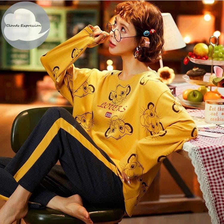 Lion King Print Night Suit, Cartoon Nightwear, Comfortable & Cozy Sleepwear