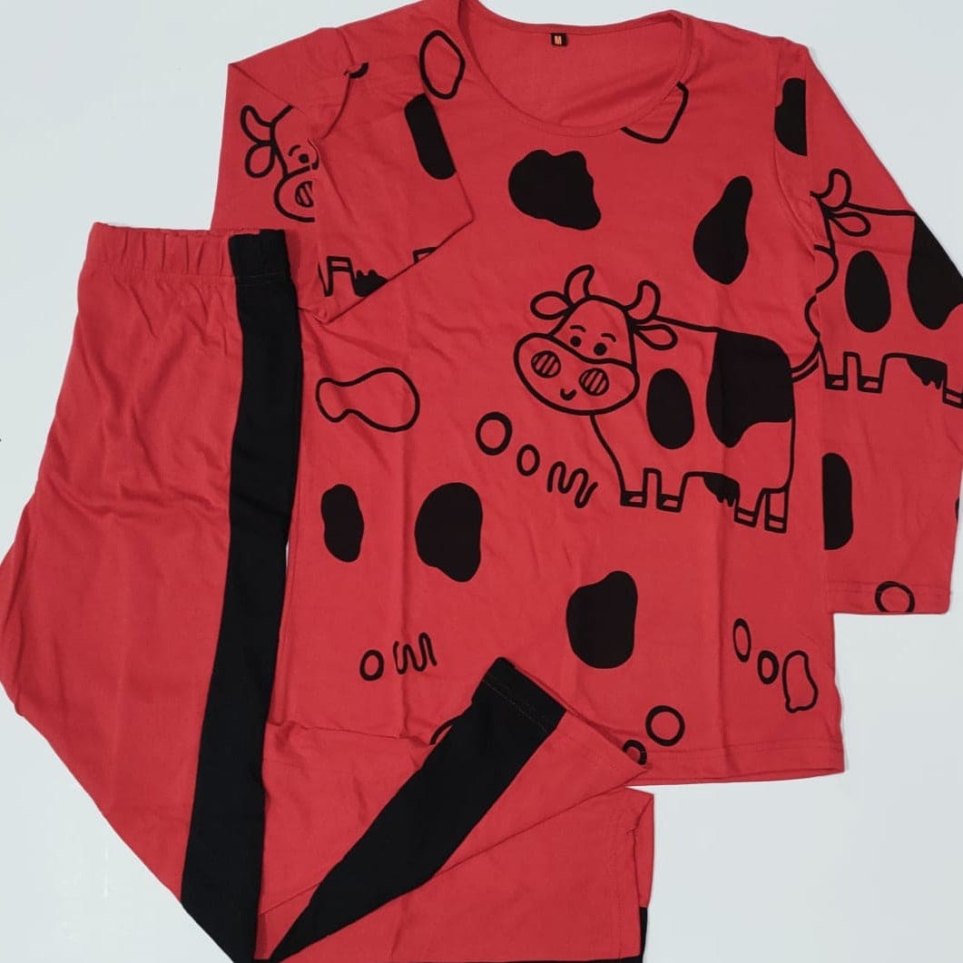 Red Cow Print Night Suit For Women, Strip Pajama Women's Night Wear