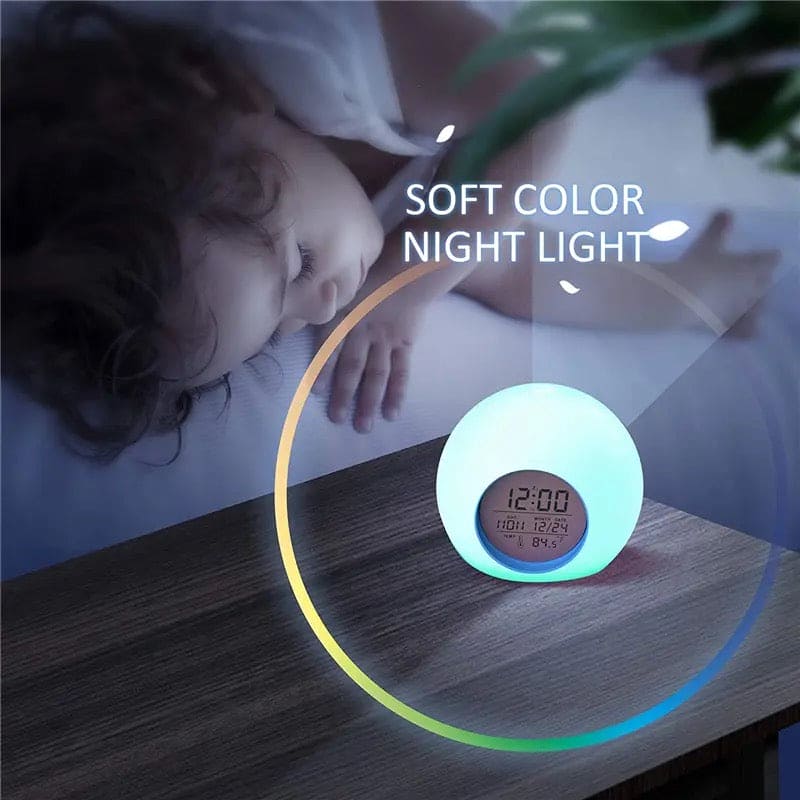 Cute Kids Digital Alarm Clock, 7 Color Alarm Clock, Cute Wake Up Timer Alarm Clock, Touch Control Digital Clock,  Colors Change Night Glowing Digital Alarm Clock, Natural Sounds Table Watch, Round Snooze Led Alarm Clock