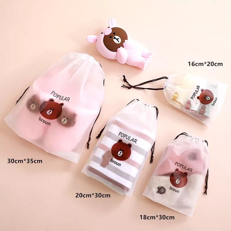 Set Of 4 Portable Waterproof Cute Bear Print Drawstring, Waterproof Travel Luggage Bag, Home Clothes Storage Bag, Shoes Organizer Pouch, Portable Cartoon Drawstring Shoe Storage, Waterproof Cosmetic Storage Bag, Transparent Clothing Drawstring Pocket