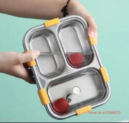 3 Compartment Bento Lunch Box, Portable 3 Grid Dividing Serving Plate, Camping Picnic Portable Plastic Food Fruit Storage Container, Bento Box For Kids, Student Sealed Lunch Box, Stainless Steel Outdoor Food Containeri