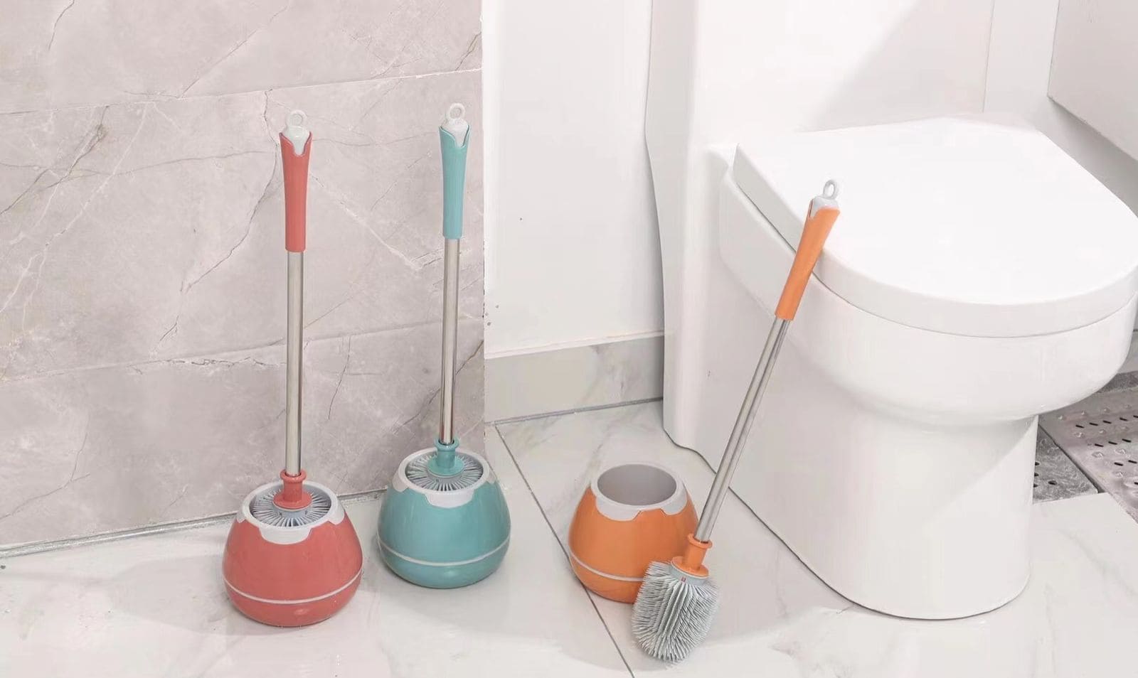 Floor Standing Toilet Brush with Holder, Plastic Toilet Brush, Bathroom Floor Scrubbing Set, Toilet Brush and Holder Set, Toilet Bowl Brush and Holder for Bathroom Organization,  Wall Mounted & Floor Standing