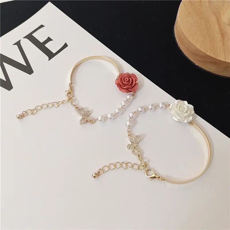 New Sweet Hollow Rose Bracelet, Baroque Pearl Necklace With Rose Flower Pendant, Imitation Heian Jade Beaded Charm Bracelet Jewellery