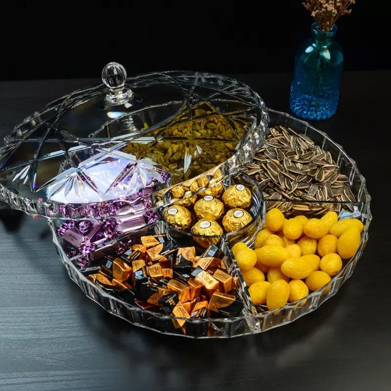 Modern Creative Crystal Dried Fruit Tray Grid with Cover, Transparent Dried Fruit Box, Acrylic Plate Fruit Basin Dry Candy Dish