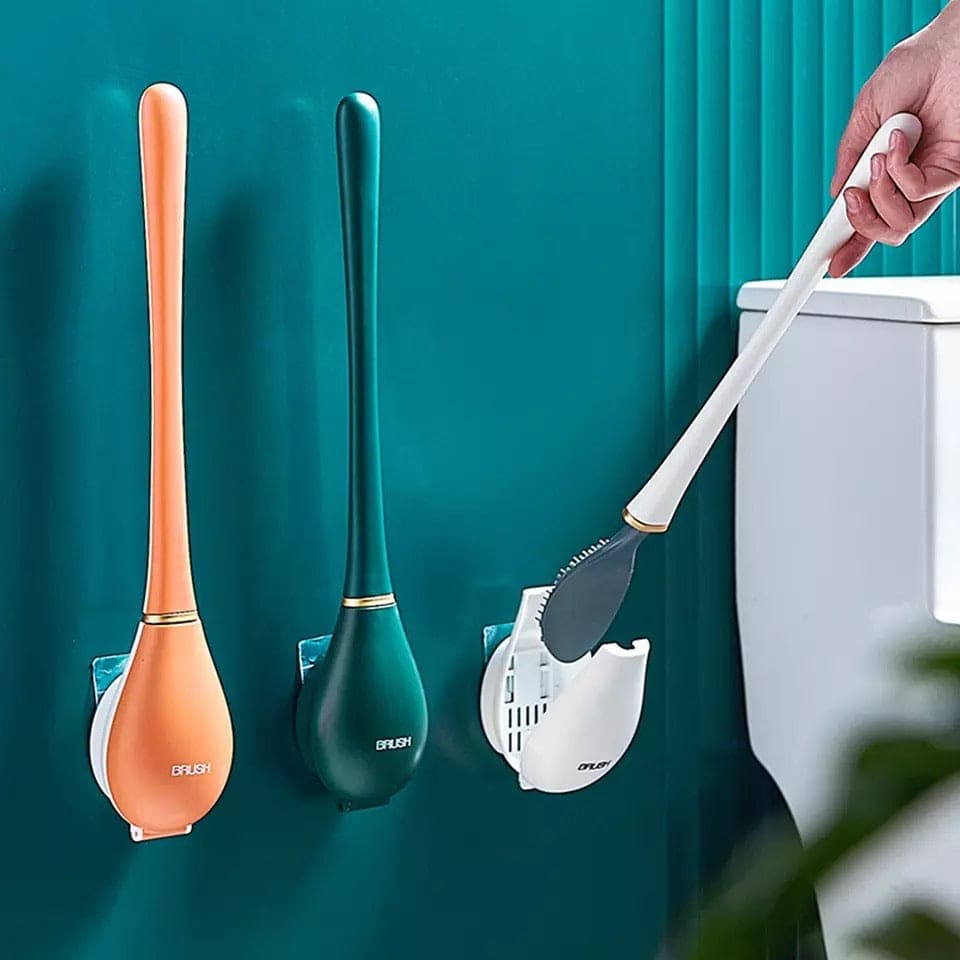 Spoon Shaped Toilet Brush with Holder, New Soft Silicone Toilet Brushes with Hanging Holder Set Wall-Mounted Long Handled Cleaning Brush Hygienic Bathroom Accessories