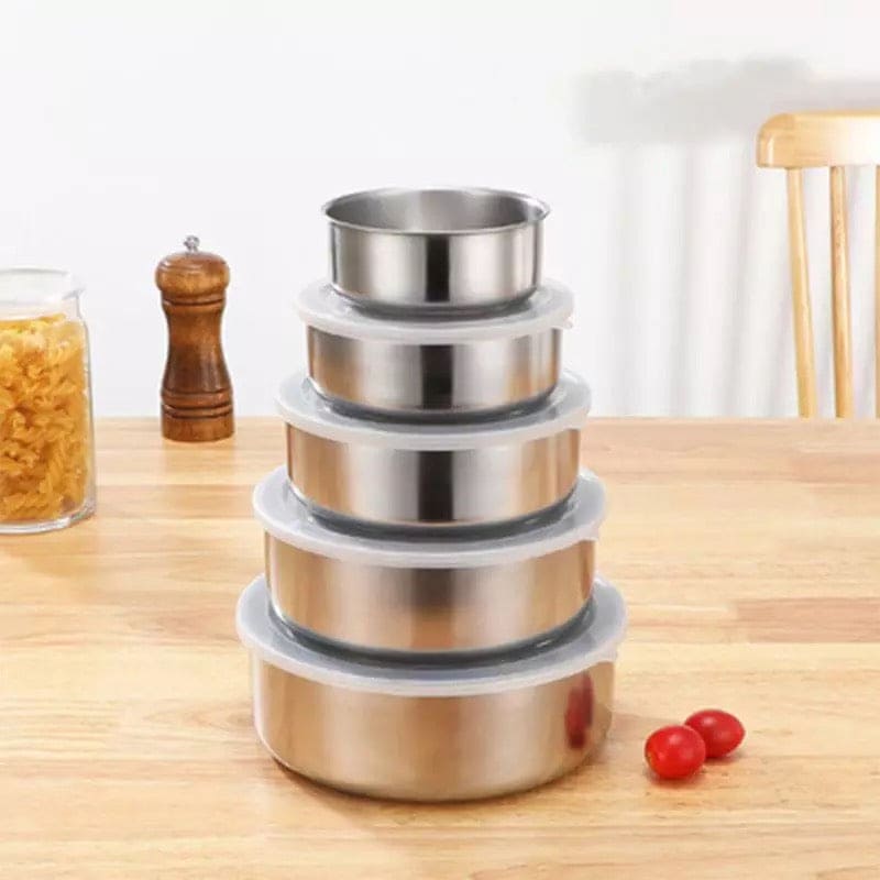 Set Of 5 Stainless Steel Vessel With Lids, Mixing Crisper Food Container Bowls, Chef Buddy Stainless Steel Bowl Set, Classic Cuisine Metal Fresh Keeping Bowls