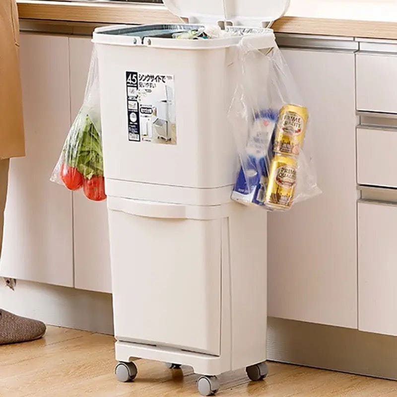 3 Layer Trash Bin, Kitchen Gargabe Can, Recyclable Vertical Trash Cabinet,  Household Waste Bin With Wheels, Large Plastic Cube Storage Bins Basket With Lid, Household Classification Bucket, 42L Three-layer Kitchen Separation Trash Can