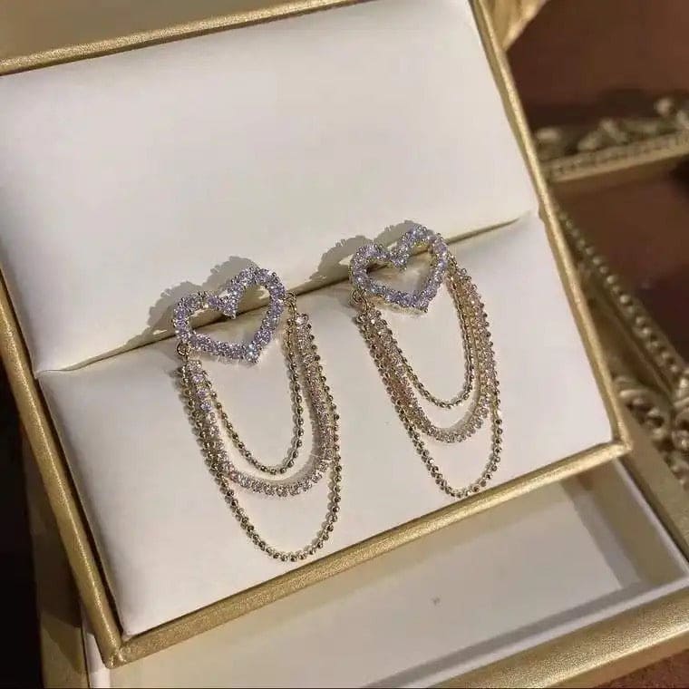 Crystal Drop Heart Earring, Multilayer Tassel Zircon Chain Earrings For Women, Trendy Heart-shaped Rhinestone Earrings Party Jewelry, Long Hanging Earrings, Elegant Crystal Tassel Earring