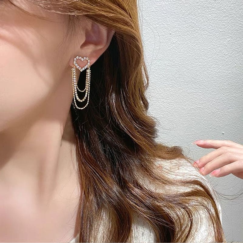 Crystal Drop Heart Earring, Multilayer Tassel Zircon Chain Earrings For Women, Trendy Heart-shaped Rhinestone Earrings Party Jewelry, Long Hanging Earrings, Elegant Crystal Tassel Earring