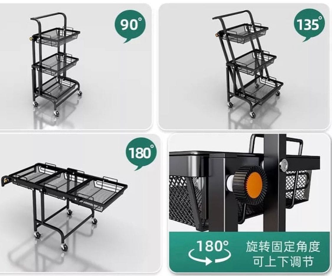 Kitchen Folding Floor Trolley, Mobile Multilayer Snack Draining Storage Rack, 180 Degree Extension Parallel Trolley