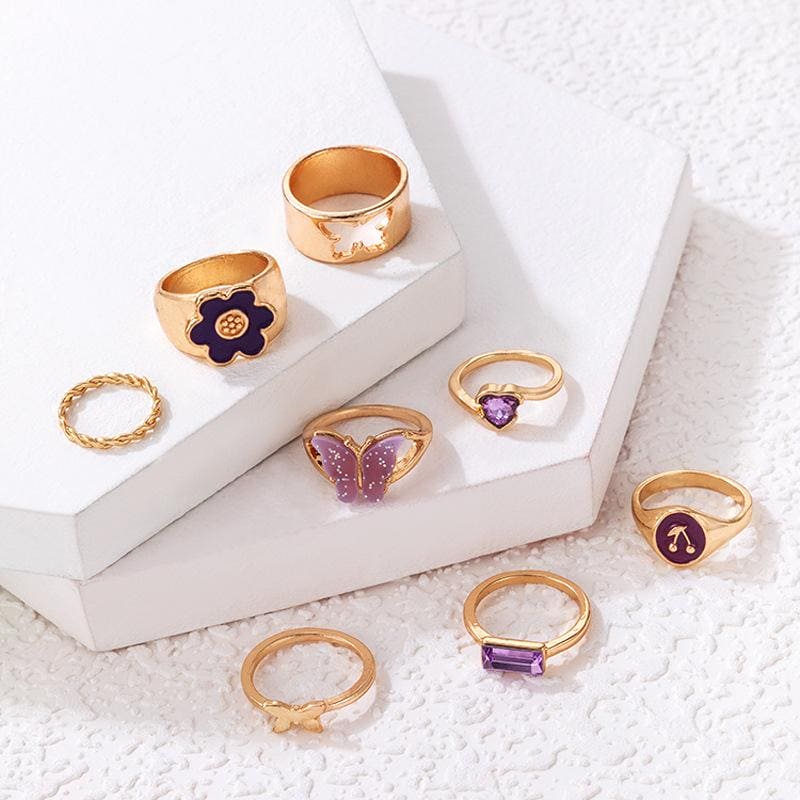 Set Of 5 Colorful Acrylic Butterfly Ring Sets For Women, Pretty Flowers Hollow Geometry Wedding Ring,  Vintage Knuckle Rings Set, Stackable Finger Rings, Midi Rings For Women Jewellery